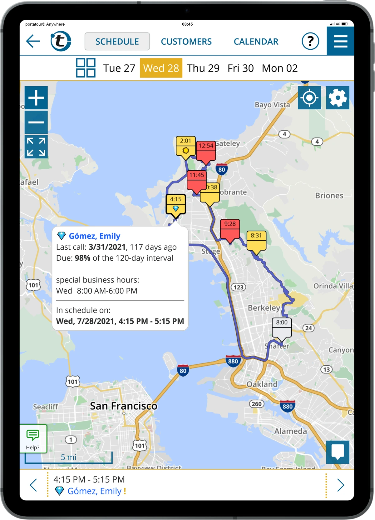 portatour – daily route with customer pins on the iPad