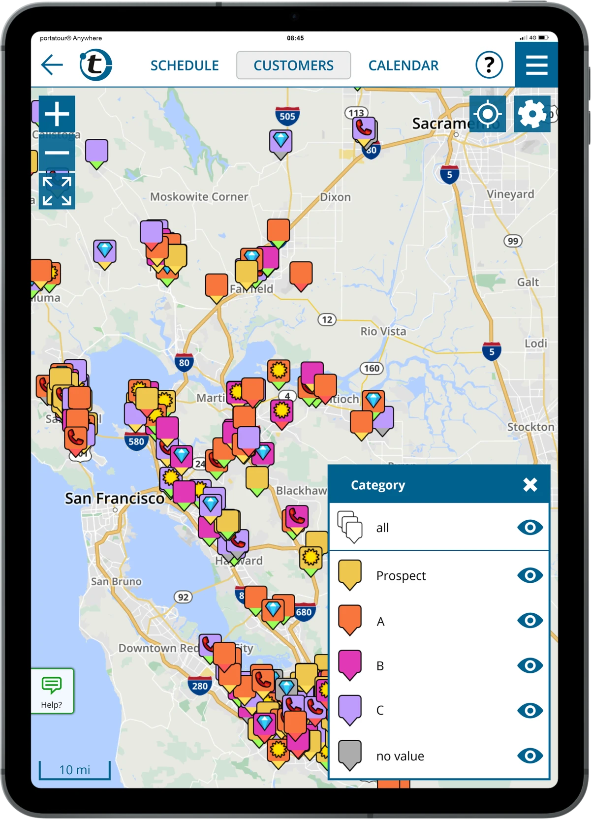 portatour – customers on the map, filtered by ABC category