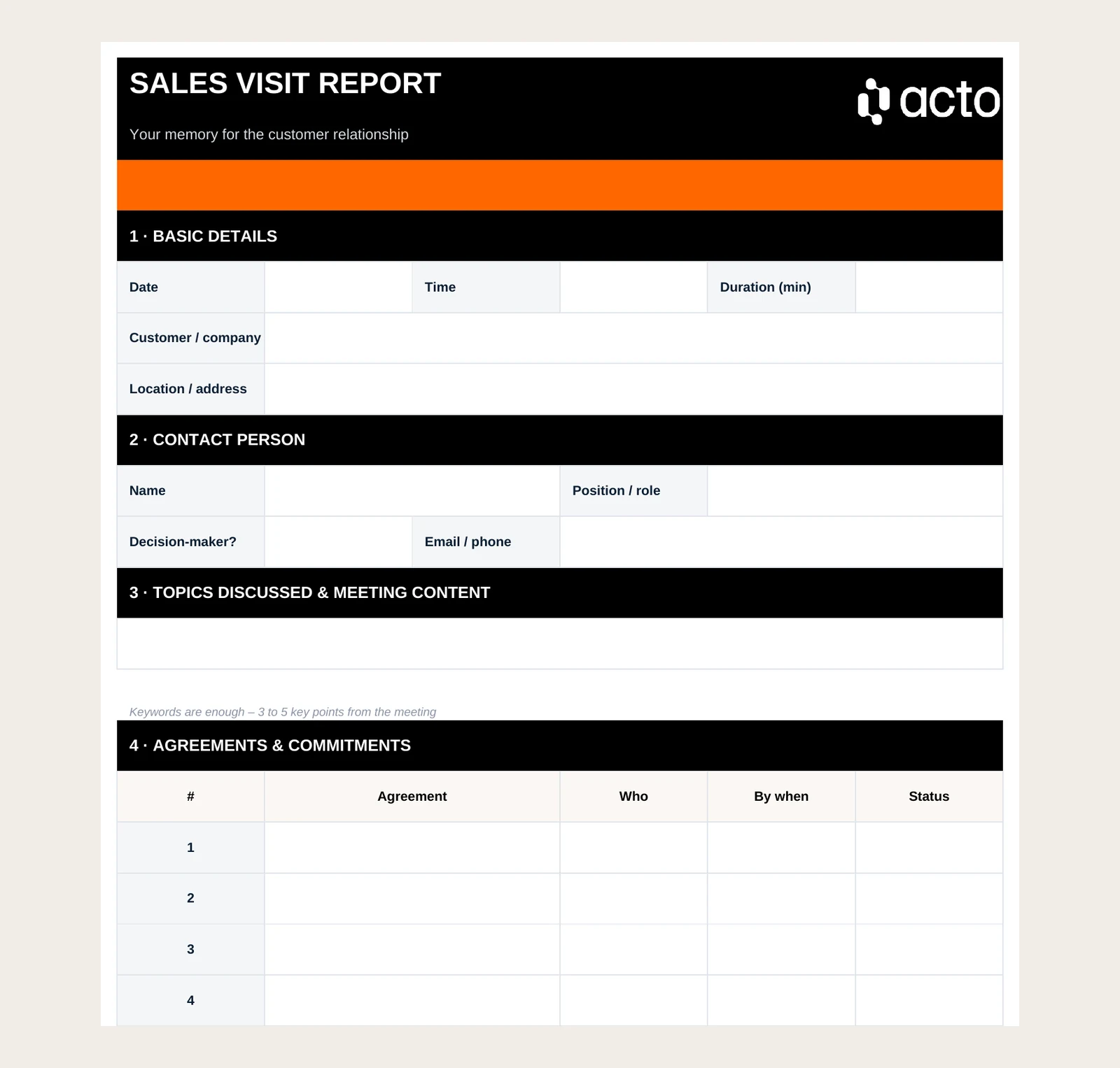 Free sales visit report template in Excel with sections for basic details, contact person, topics and agreements