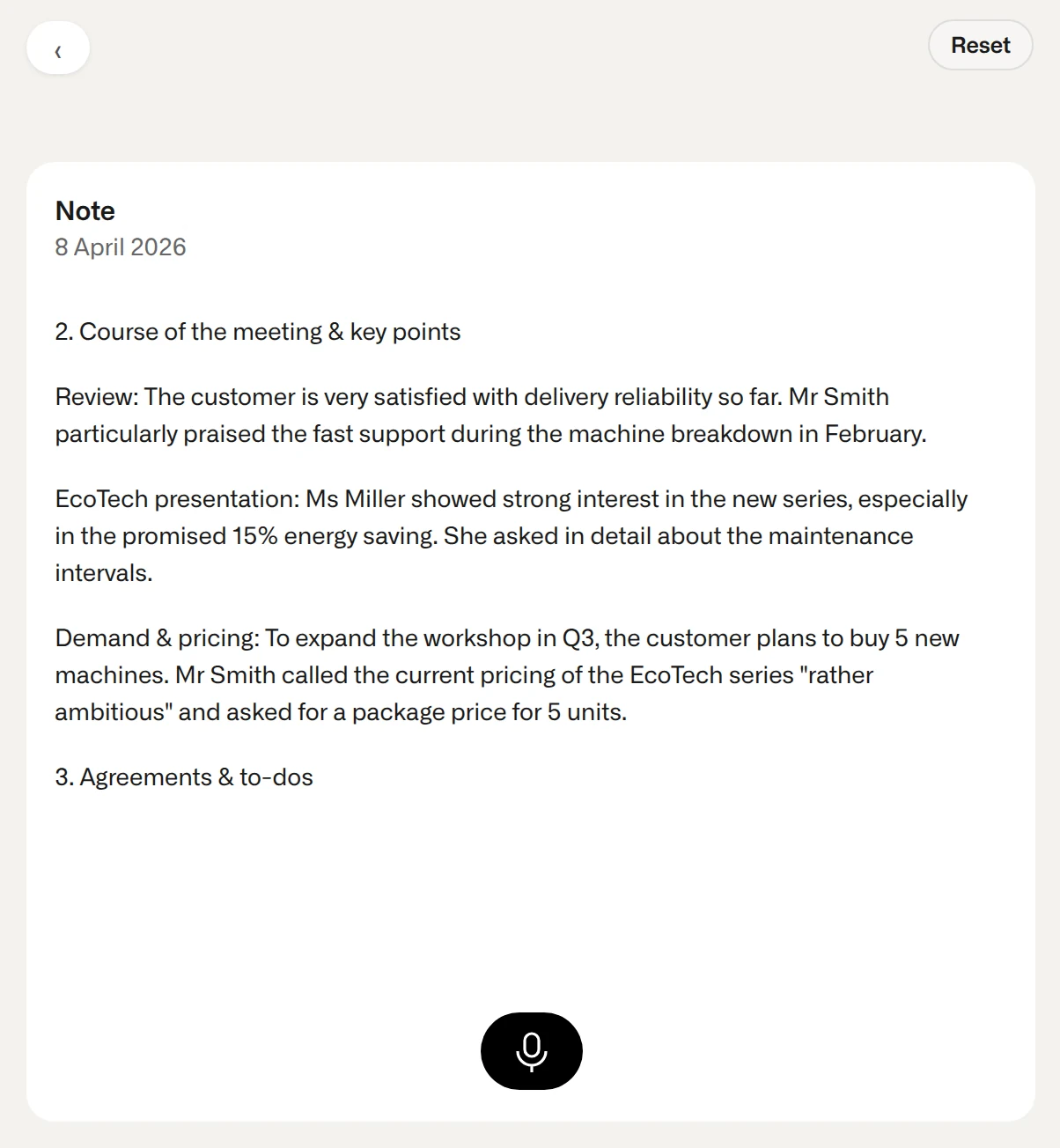 Example of a sales visit report in text form with meeting summary, customer needs and agreements