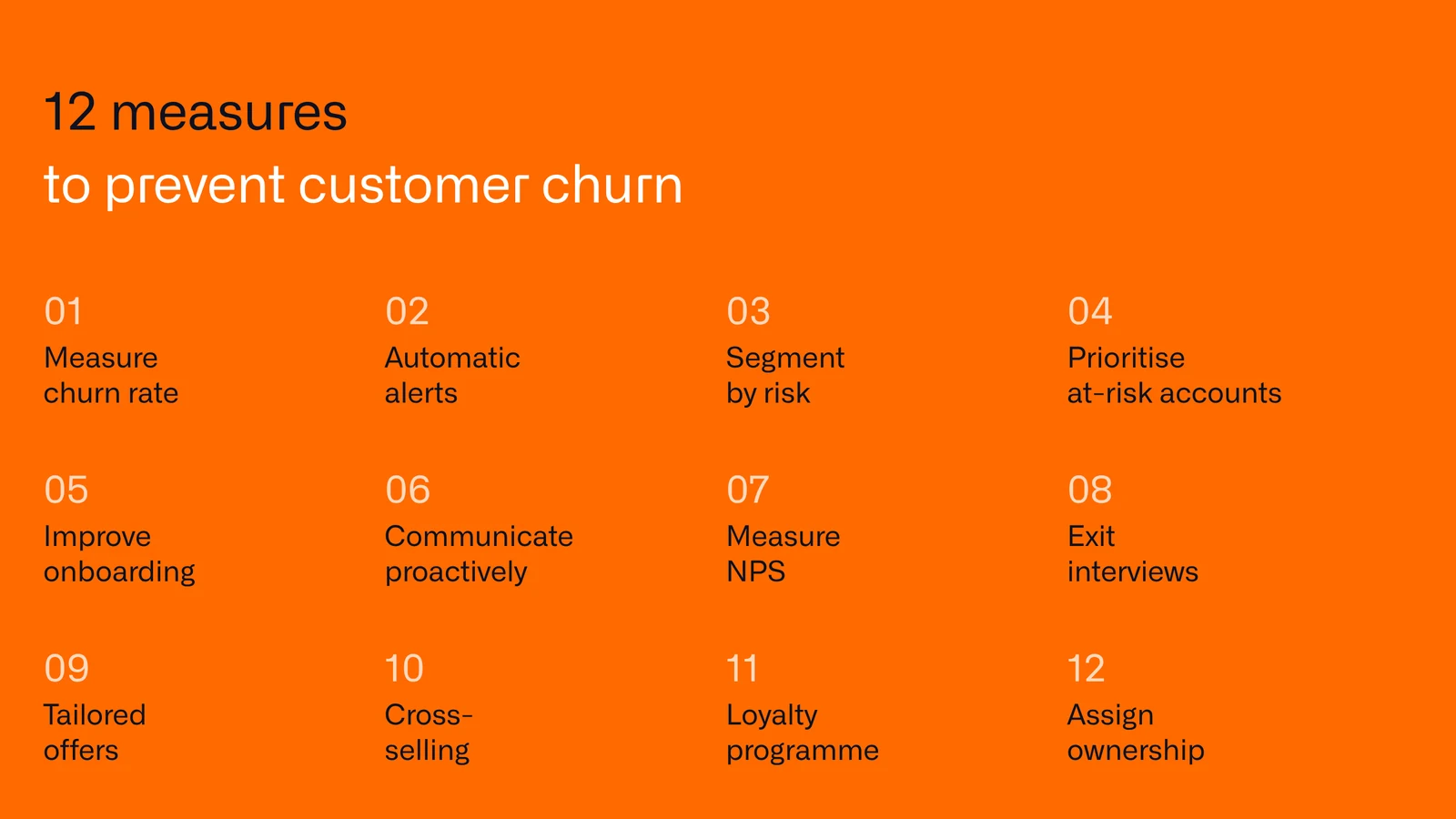 12 measures to prevent customer churn in B2B, from measuring churn rate to assigning ownership