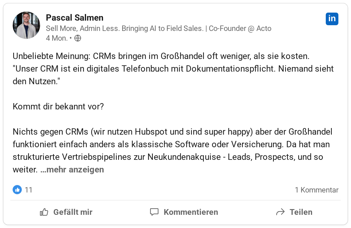 Pascal Salmen: Unbeliebte Meinung: CRMs bringen im Großhandel oft weniger, als sie kosten. Unser