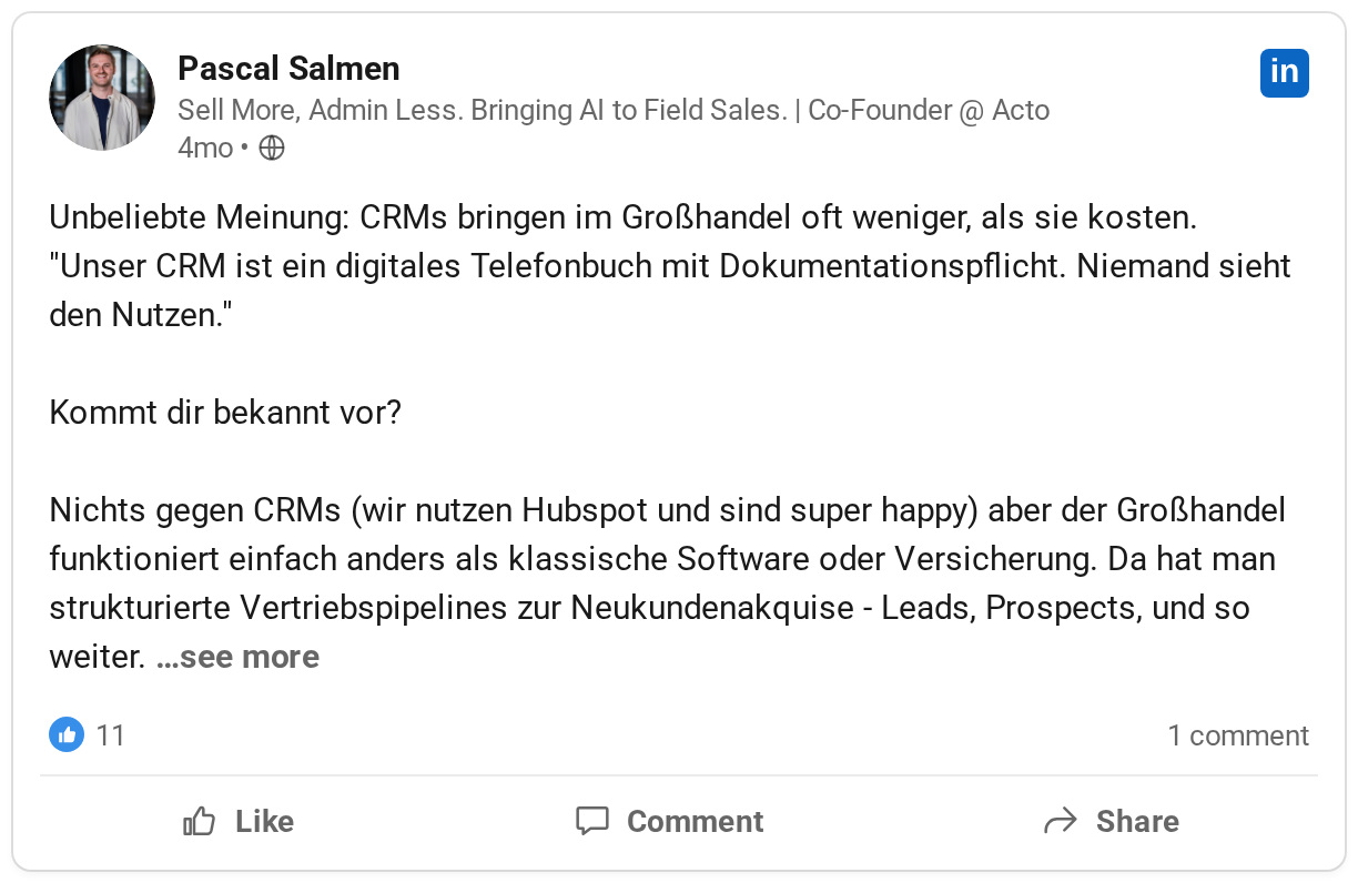 Pascal Salmen: Unpopular opinion: In wholesale, CRMs often deliver less than they cost.