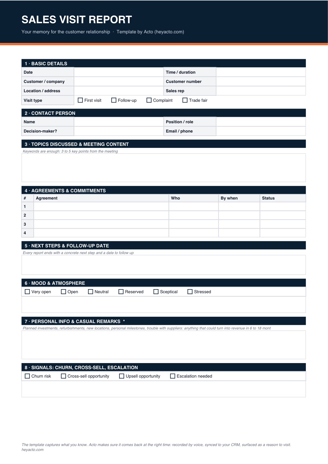 Preview of the sales visit report template for field sales with 8 fields