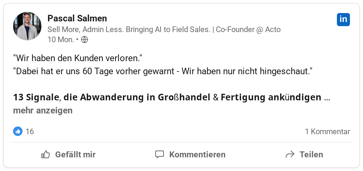 Pascal Salmen: Wir haben den Kunden verloren. Dabei hat er uns 60 Tage vorher