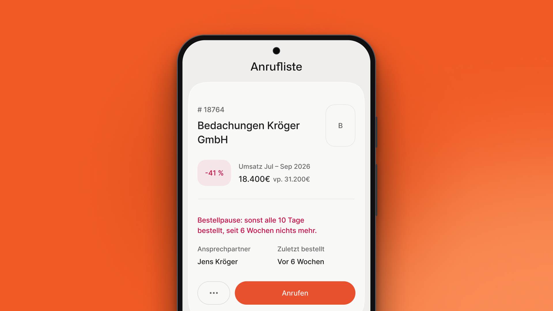 Acto mobile App – Anrufliste-Eintrag für Bedachungen Kröger: Signal eines Beispielkunden Demodaten: sonst alle 10 Tage bestellt, seit 6 Wochen