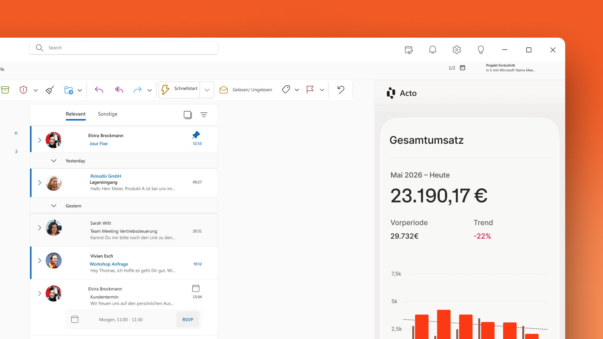 Outlook-Posteingang mit Acto-Seitenleiste: Gesamtumsatz eines Beispielkunden gegenüber der Vorperiode mit rotem Trend
