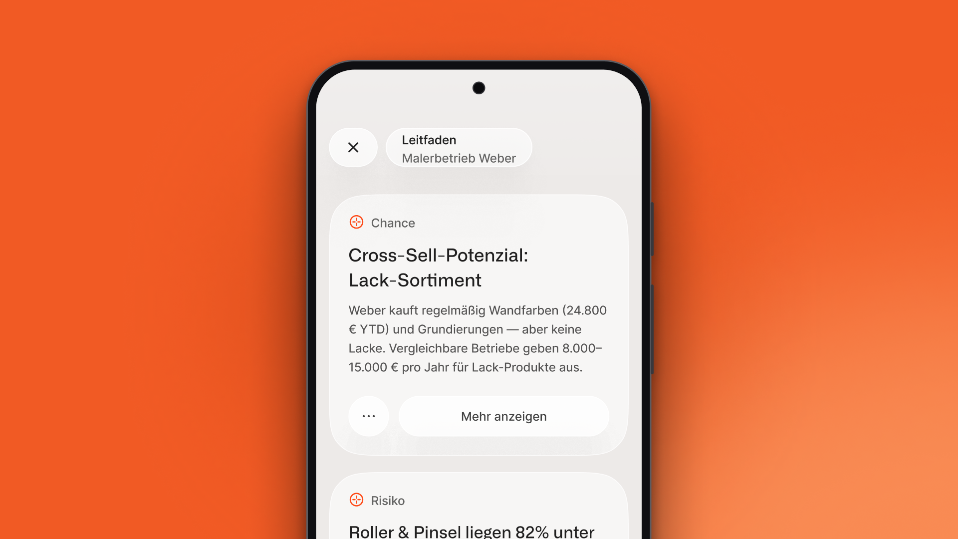 Acto-App mit Gesprächsleitfaden für einen Beispielkunden: Cross-Sell-Chance im Lack-Sortiment