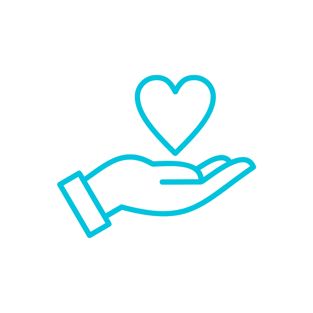 Blue line drawing of an open hand with a heart floating above the palm on a transparent background.