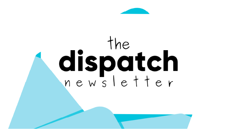 Logo with the text 'the dispatch newsletter' featuring bold and regular fonts on a white background with abstract blue shapes.