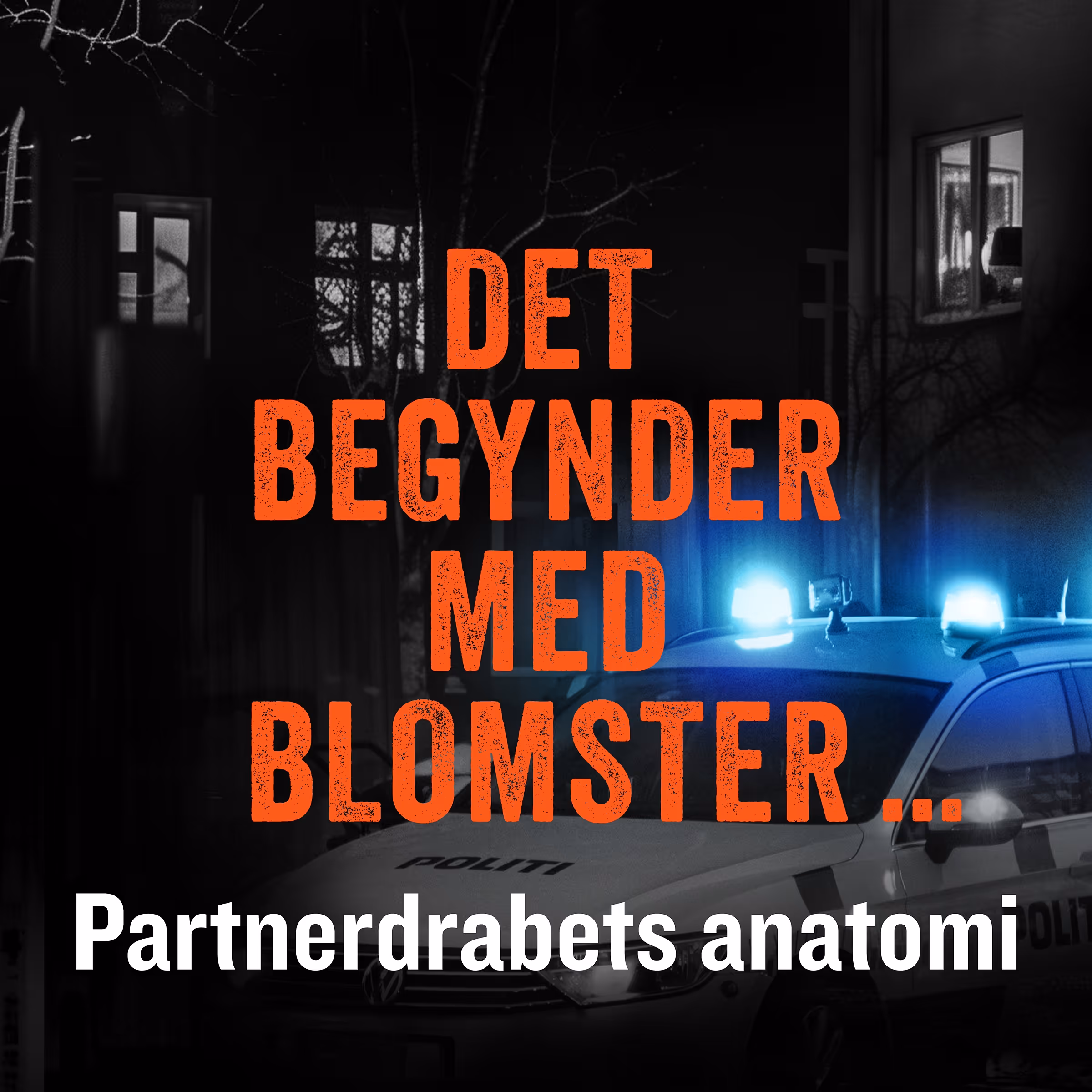 Rødt tekstoverlay med teksten 'Det begynder med blomster...' over en dansk politibil om natten.