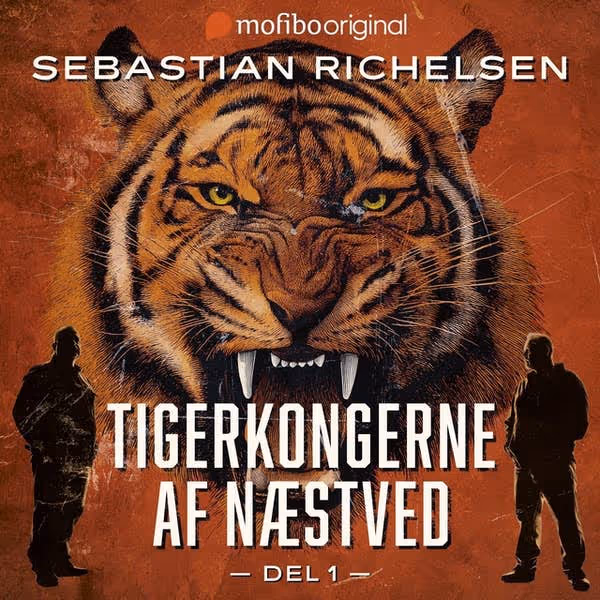 Tigre raser med blottede tænder og to silhuetter af mænd på hver side mod orange baggrund.