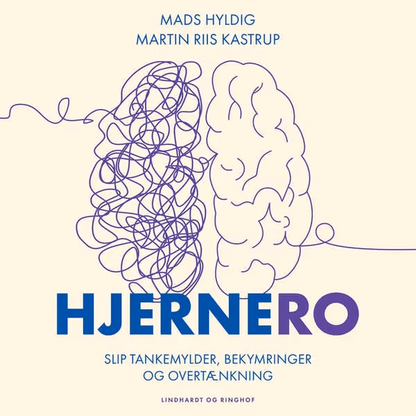Illustration of a brain half tangled lines, half smooth lines with Danish text promoting mental clarity.