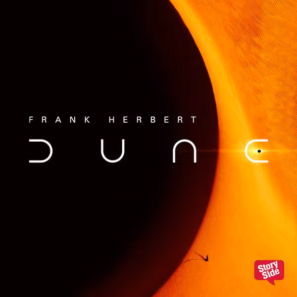 Omslag til Dune af Frank Herbert med en kæmpestor sol og skygge i ørkenlandskab.
