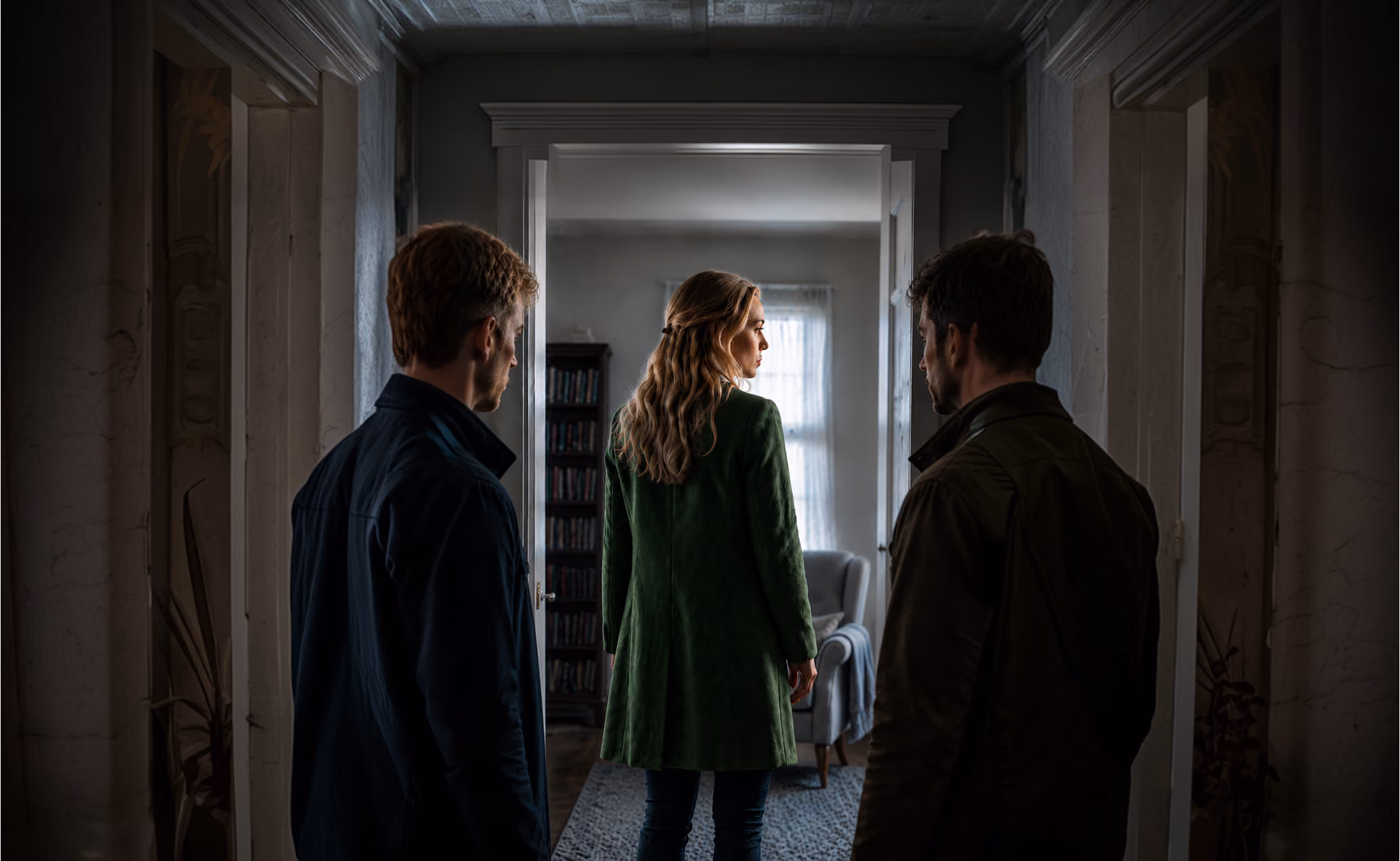 Three people stand in a dim hallway facing a bright room with a window and armchair.