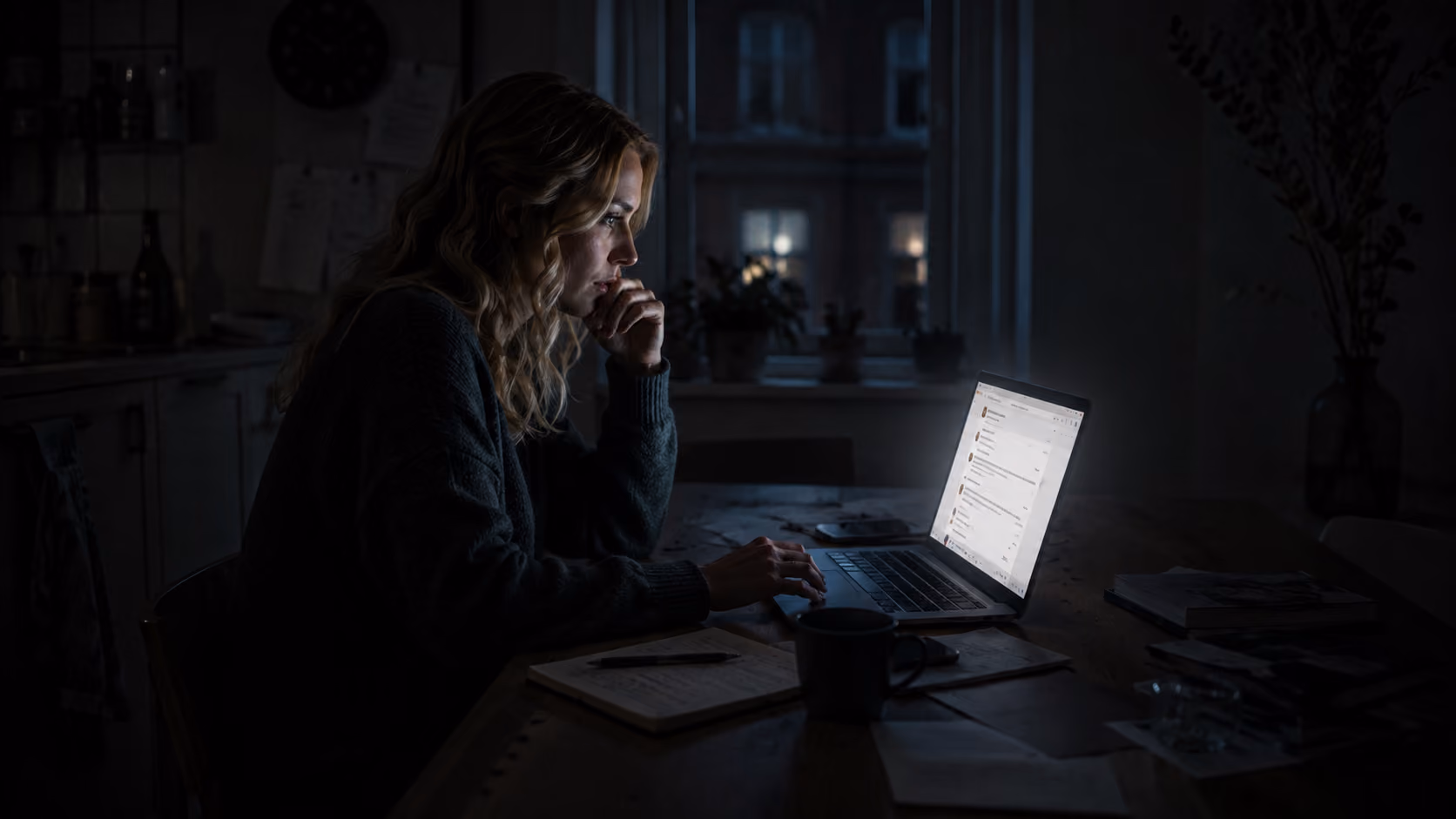 Kvinde sidder i mørke ved bord med bærbar computer og arbejder sent om aftenen.