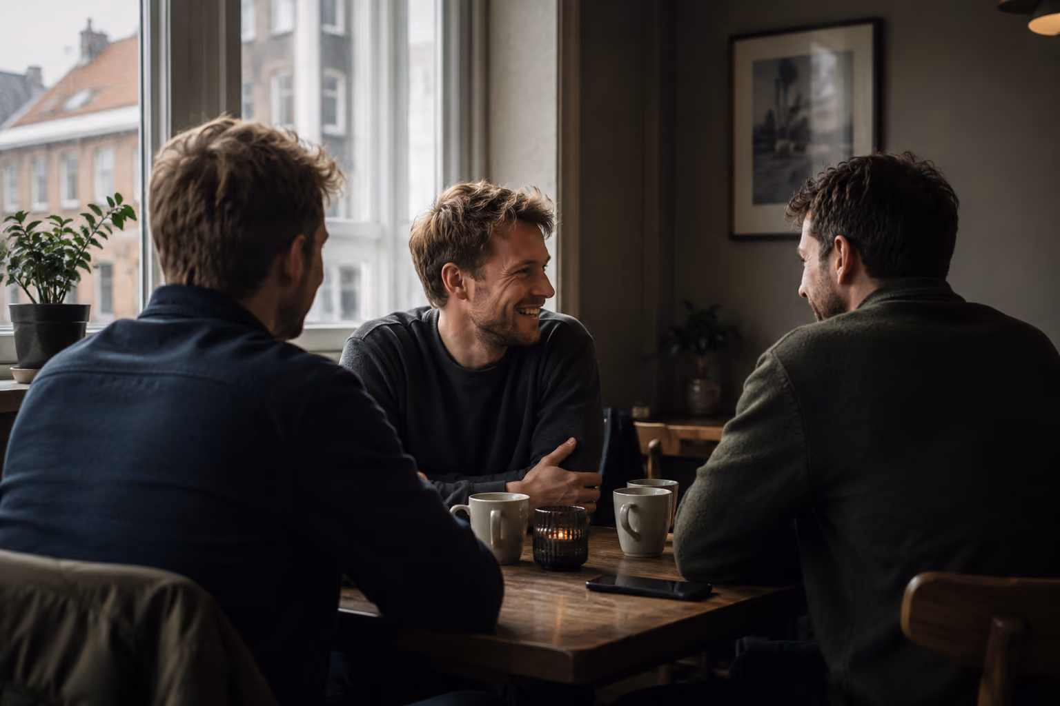 Tre mænd sidder og taler sammen ved et træbord med kopper og en mobil i en hyggelig café.