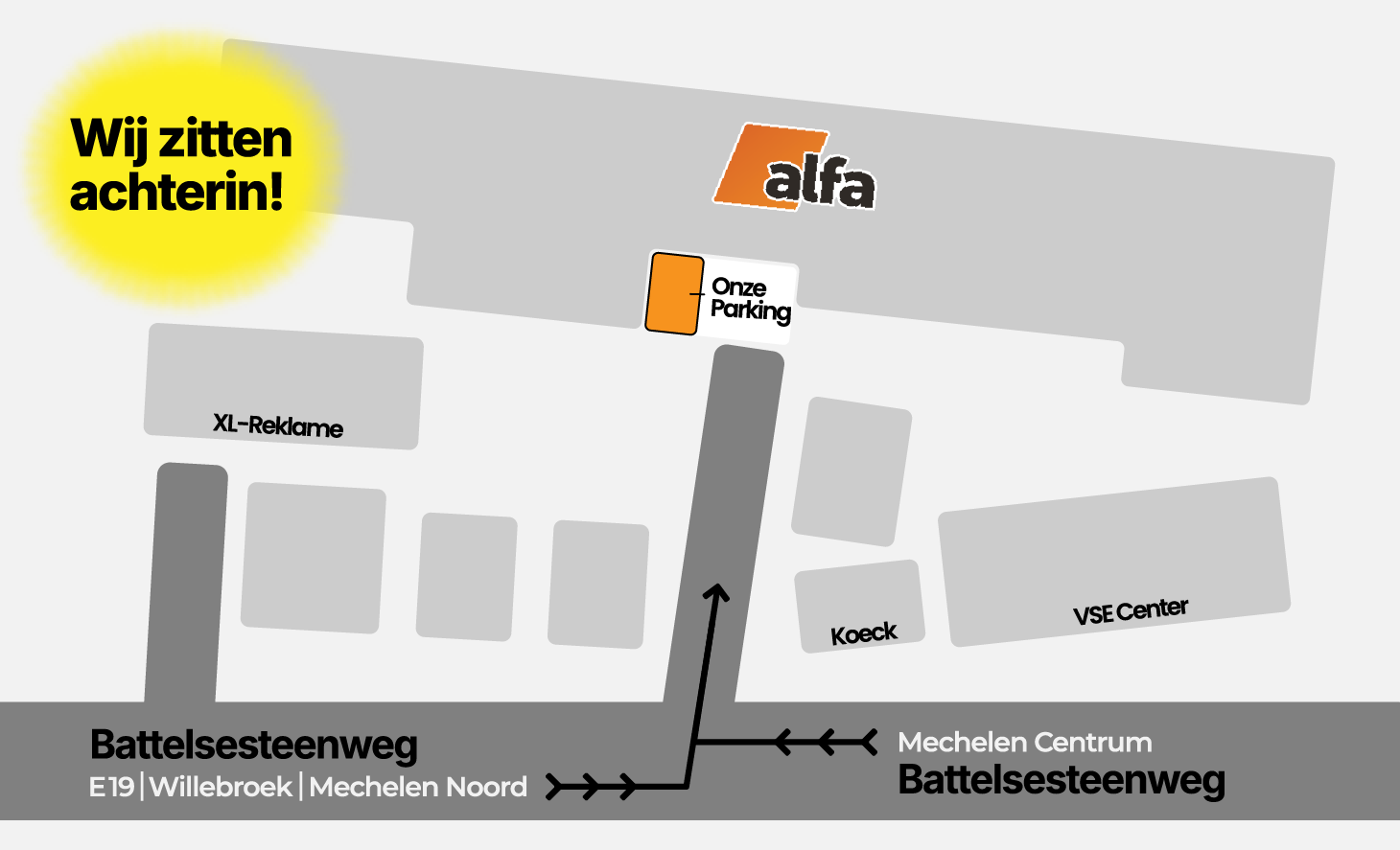 Kaart die de weg naar onze showroom en werkplaats beter verduidelijkt naar klanten toe.