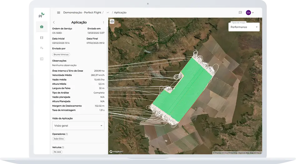 Um painel de software de gestão de pulverização aérea aberto em um notebook mostra, à esquerda, os detalhes de uma ordem de serviço OS-5683 (datas de início e fim, responsável, velocidade média, altura média, vazão, largura de faixa e outros parâmetros de aplicação), e à direita um mapa de satélite com um talhão retangular em verde preenchido por linhas brancas paralelas que representam as rotas de voo sobre a área cultivada.
