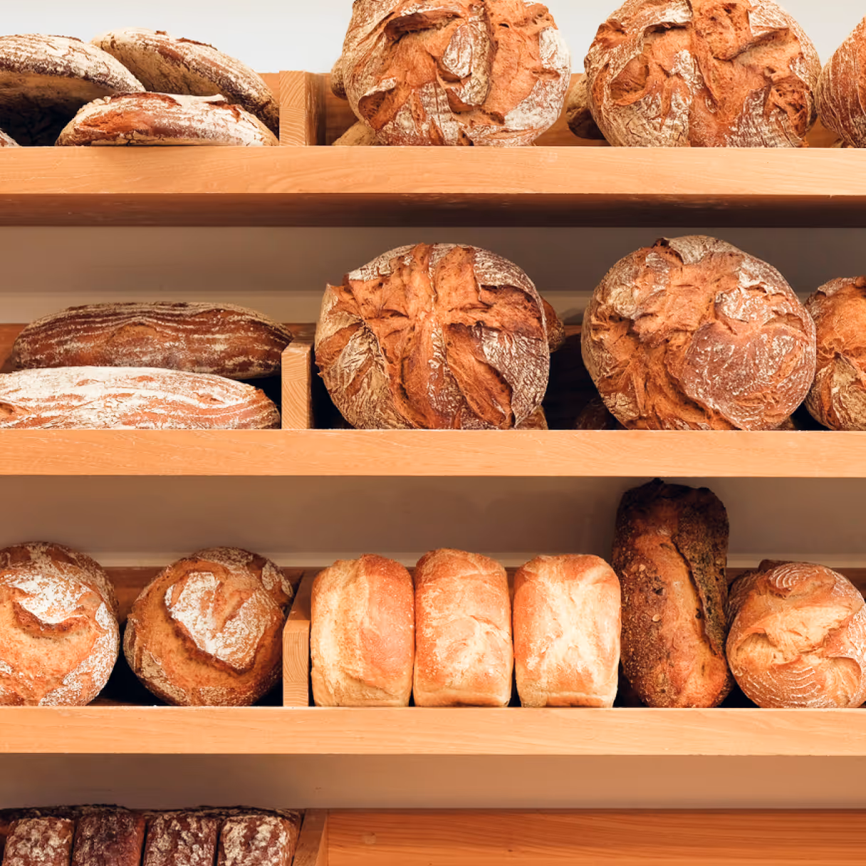 a shelf full of bread