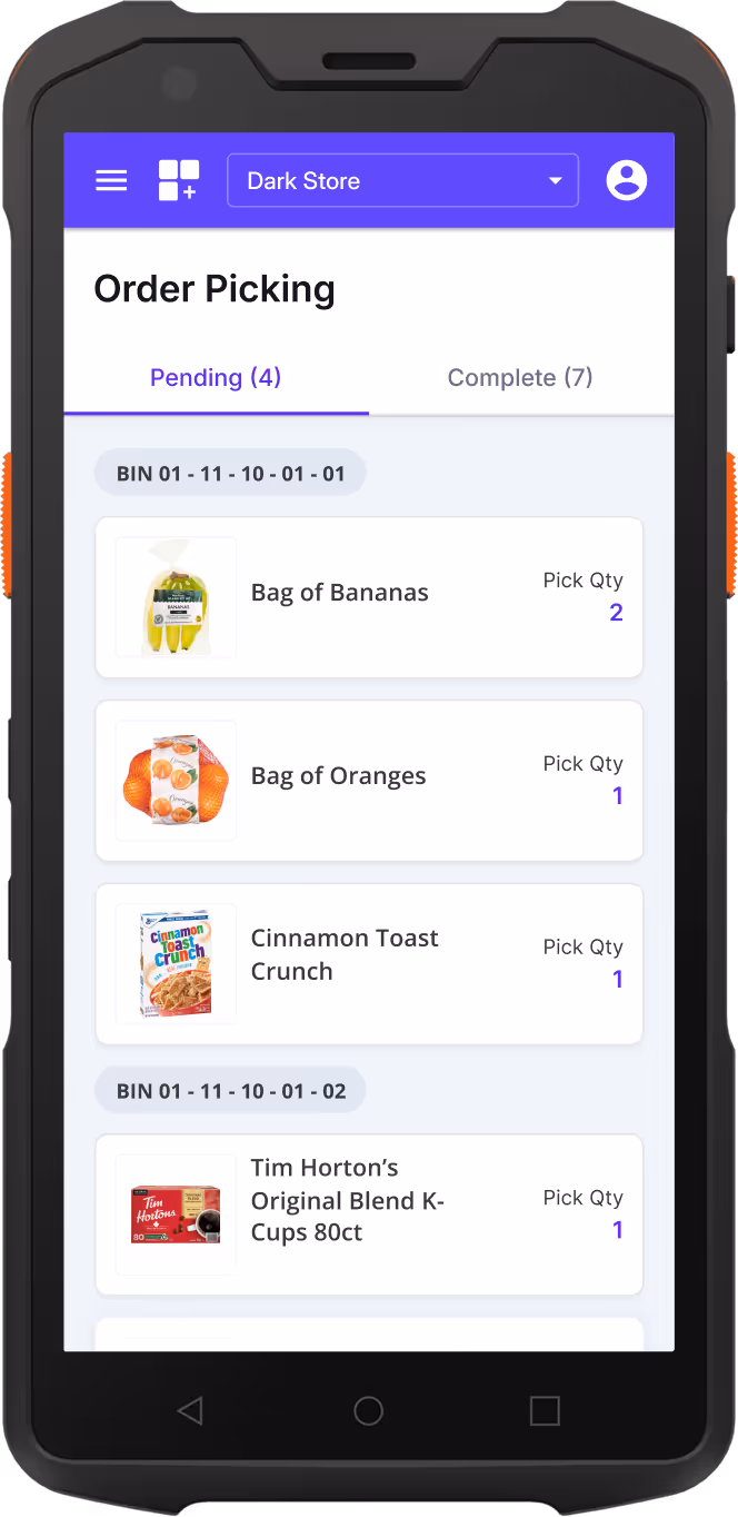 Order Picking screen on mobile device showing pending items to pick: bags of bananas, oranges, Cinnamon Toast Crunch, and Tim Horton's K-Cups with quantities.