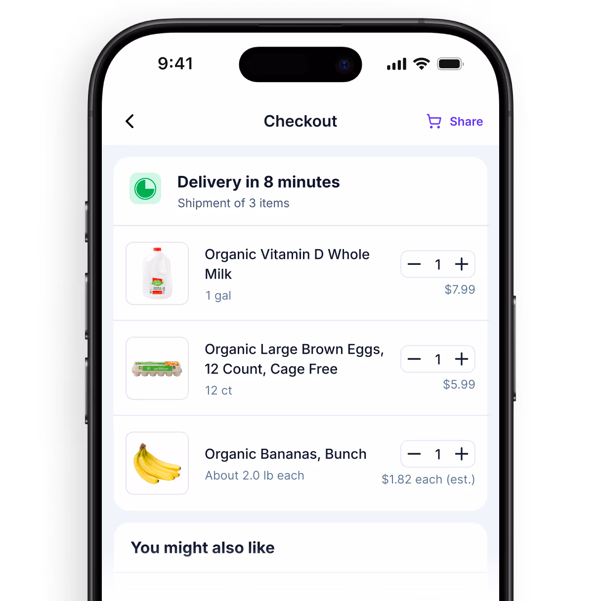 Mobile app checkout screen showing delivery in 8 minutes for 3 items: one gallon Organic Vitamin D Whole Milk, a dozen Organic Large Brown Cage Free Eggs, and a bunch of Organic Bananas, each with quantity controls and prices.