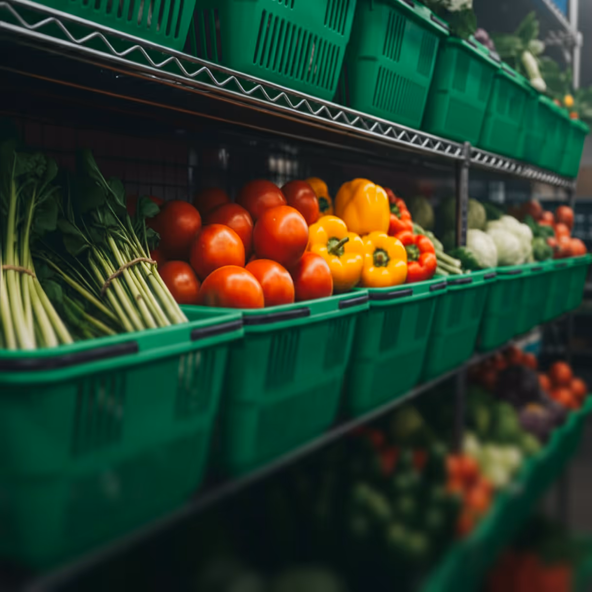 Green plastic baskets filled with fresh vegetables including tomatoes, yellow and red bell peppers, and leafy greens on metal shelves in a grocery store.