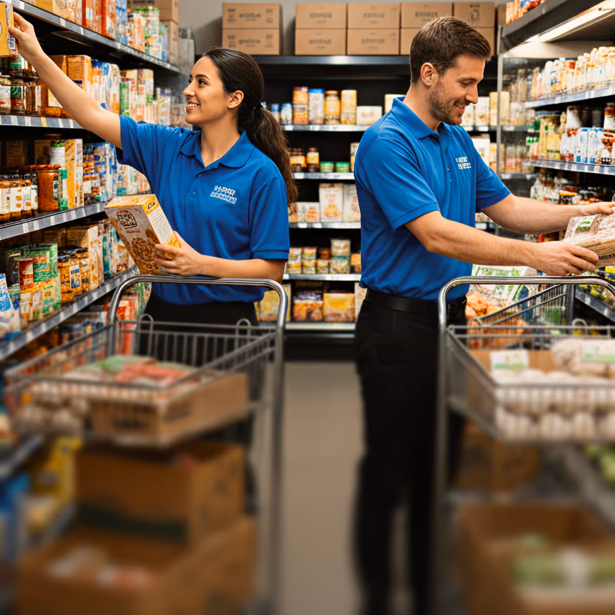 Two grocery store employees in blue uniforms stocking shelves while pushing shopping carts filled with boxes.