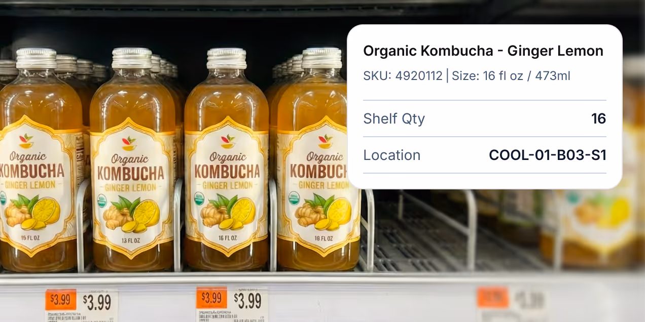 Shelf displaying bottles of Organic Kombucha Ginger Lemon priced at $3.99 with stock info showing 18 units at location COOL-02-B03-S2.