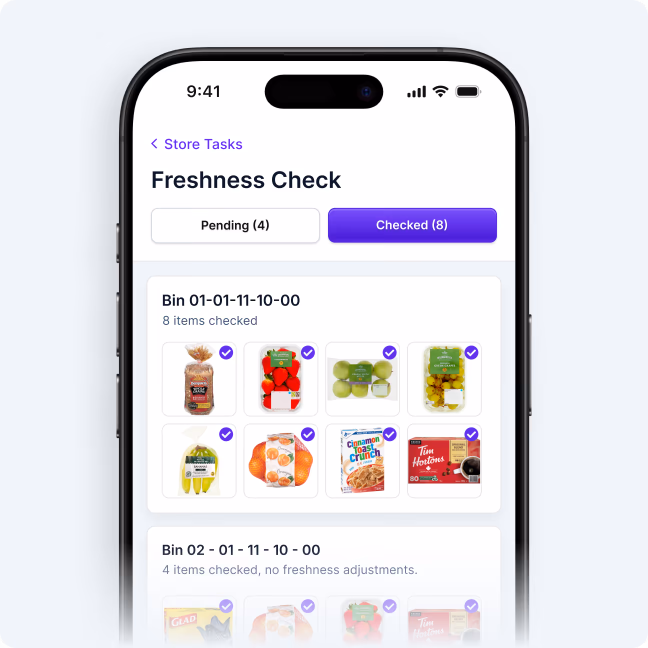 Mobile app screen showing a Freshness Check task with two bins listed, each displaying images of food items with checkmarks, and tabs for Pending and Checked tasks.