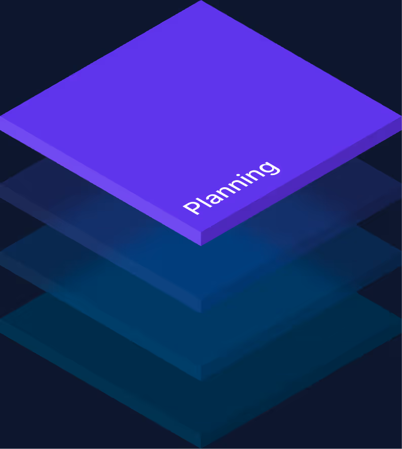Purple 3D block labeled 'Planning' floating above four translucent layers on a dark background.