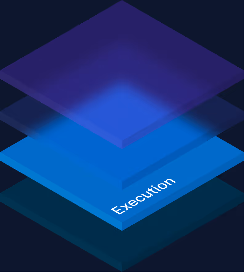 Four overlapping translucent squares in shades of blue and purple with the word 'Execution' on third square.