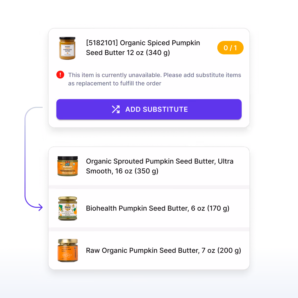 Notification that Organic Spiced Pumpkin Seed Butter 12 oz is unavailable with a button to add substitute items and a list of substitute pumpkin seed butter options with images and weights.