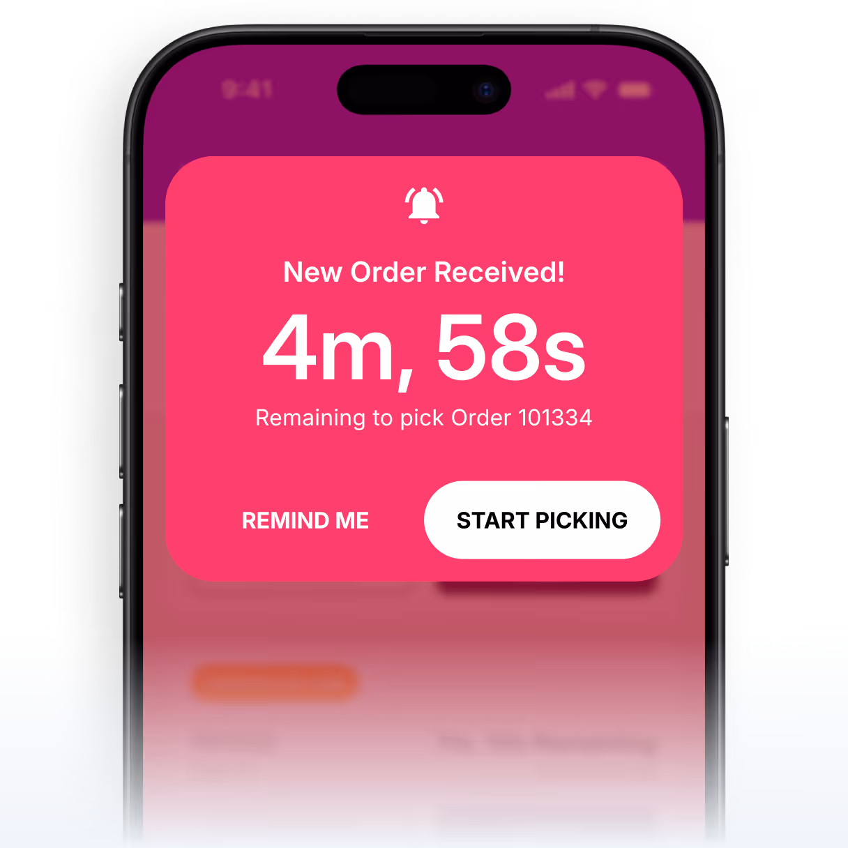Smartphone screen showing a pink notification for a new order with a 4 minutes 58 seconds countdown and options to remind or start picking.