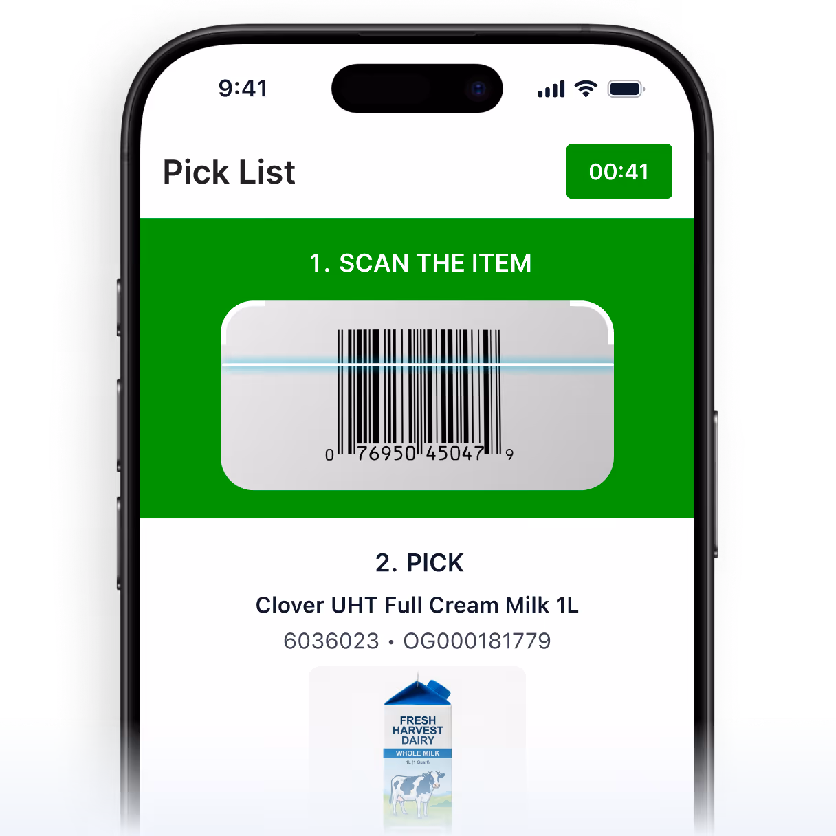 Mobile screen displaying a pick list app with a barcode scanner and item details for Clover UHT Full Cream Milk 1L.