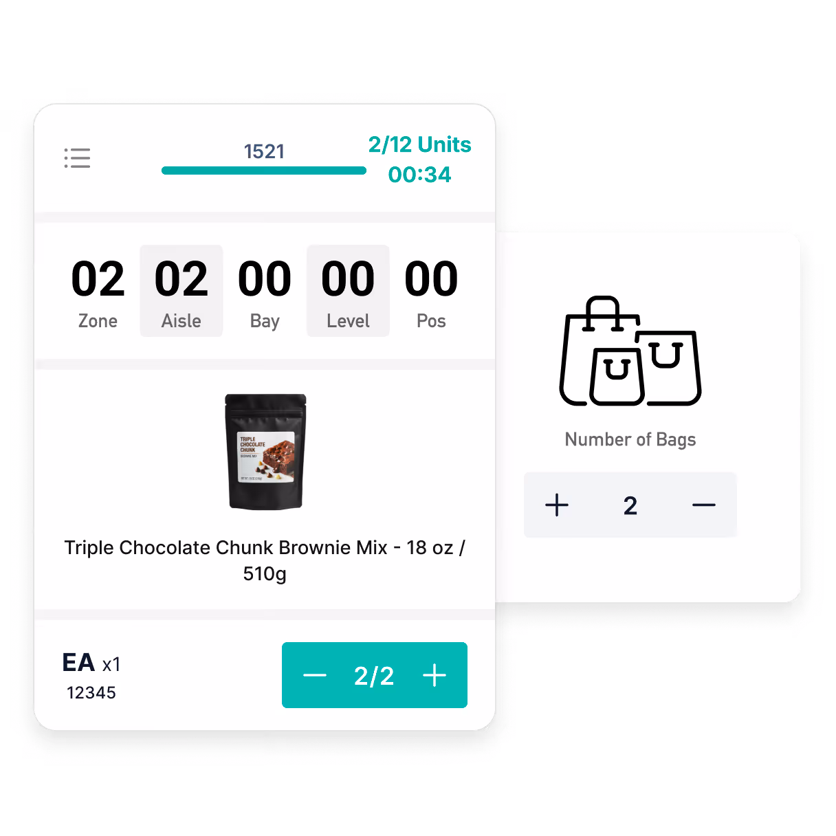 Inventory app interface showing Triple Chocolate Chunk Brownie Mix, location Zone 02 Aisle 02, quantity 2 of 2 bags selected.