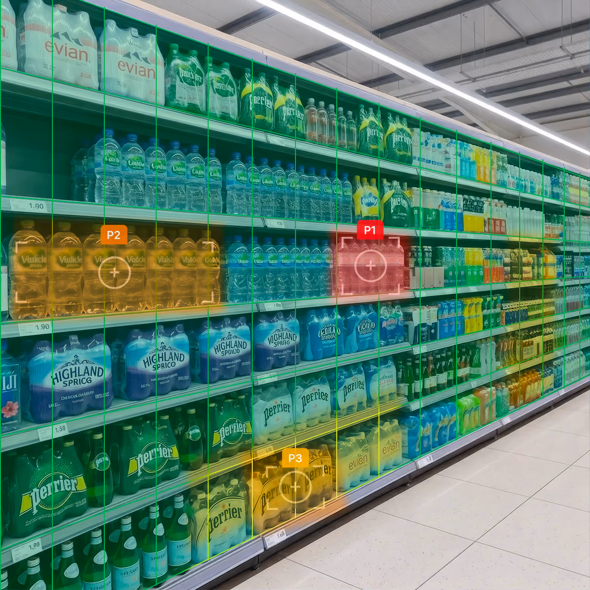Supermarket aisle with shelves of bottled water brands like Perrier, Evian, and Highland Springs.