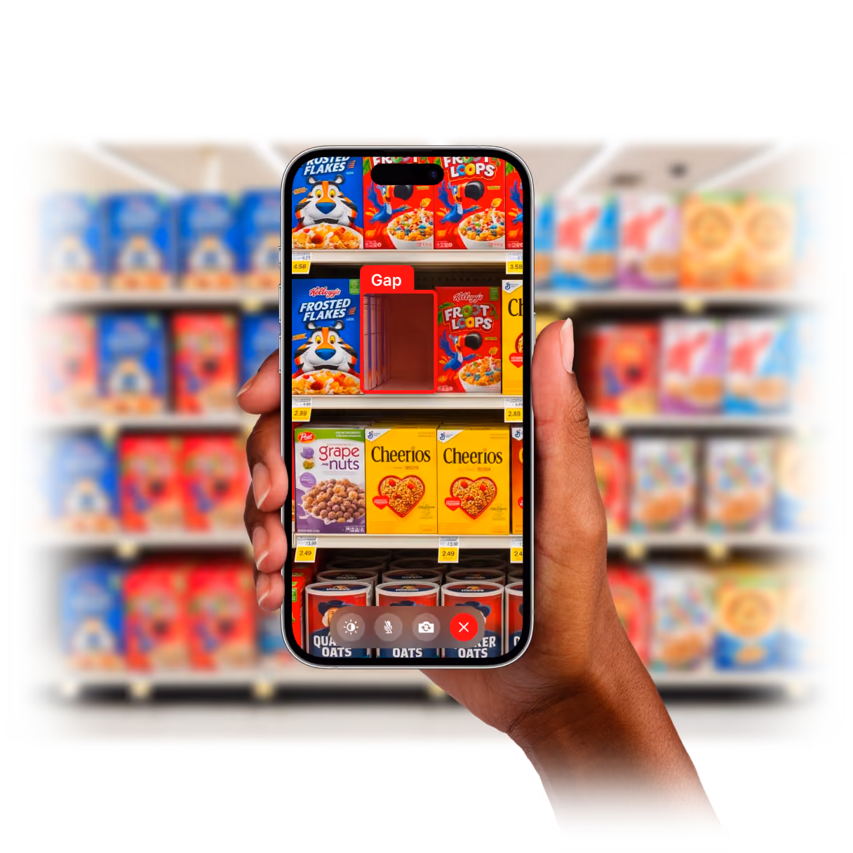 Hand holds phone scanning grocery shelf with cereal boxes; phone screen shows a highlighted empty shelf gap.