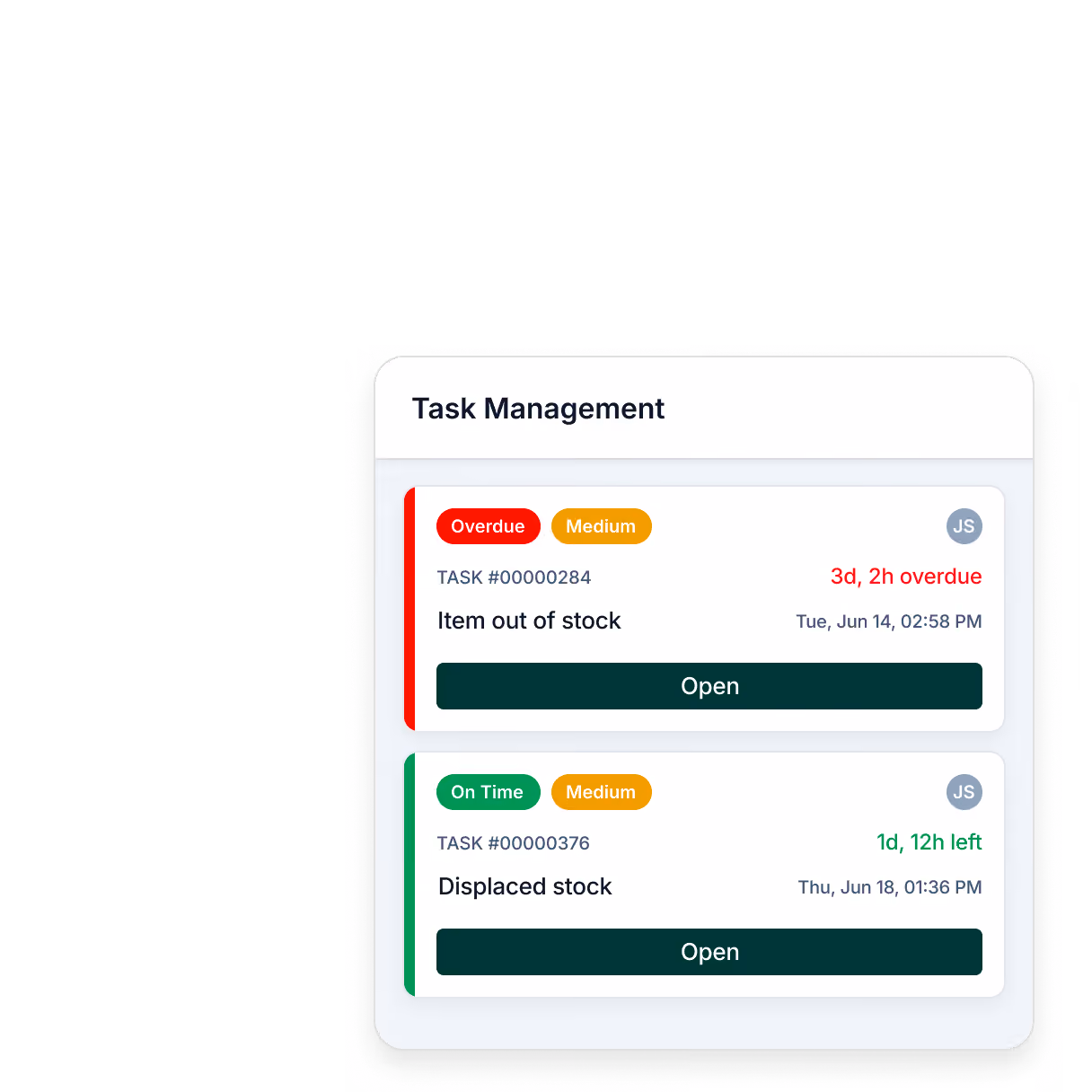 Task management dashboard showing two on-time medium priority tasks about missing shelf items with timers and open buttons.