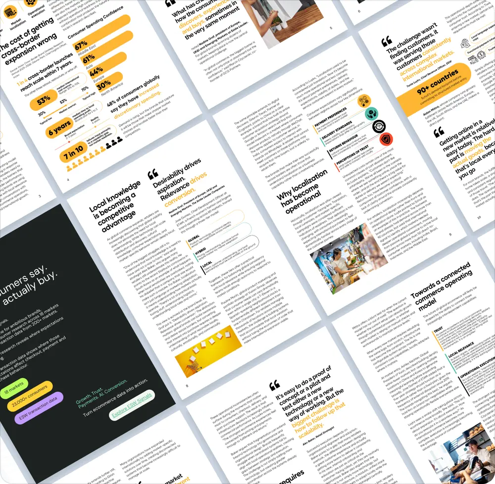 Collage of pages from a white paper showing digital retail solutions including mobile apps, grocery store staff using tablets, and data dashboards.