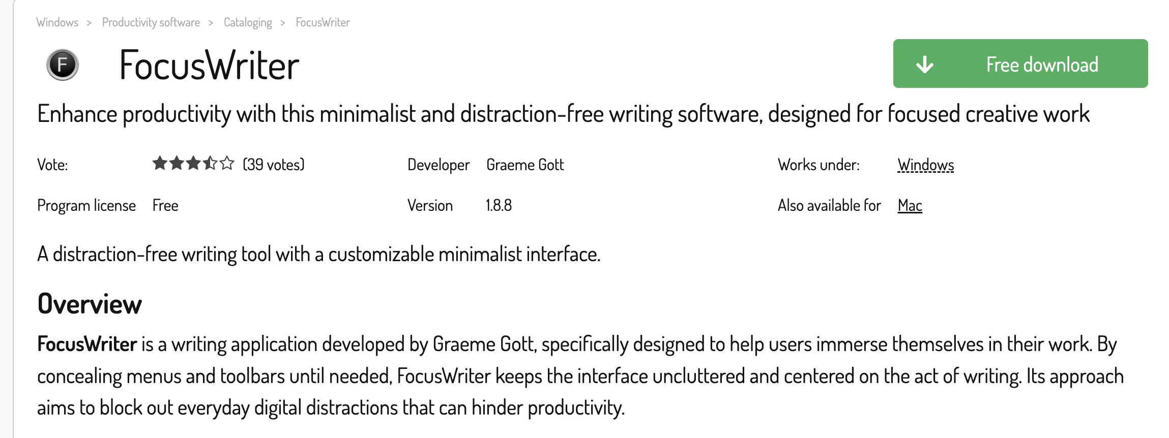 FocusWriter download page screenshot