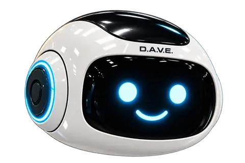 D.A.V.E., StoreFeeder’s white robot head mascot with glowing cyan eyes
