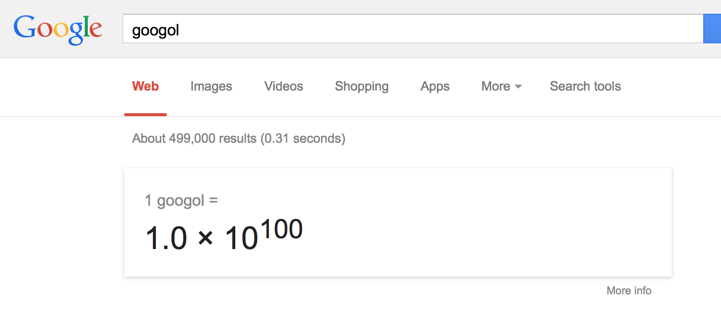 Google search for 1 googol using calculator