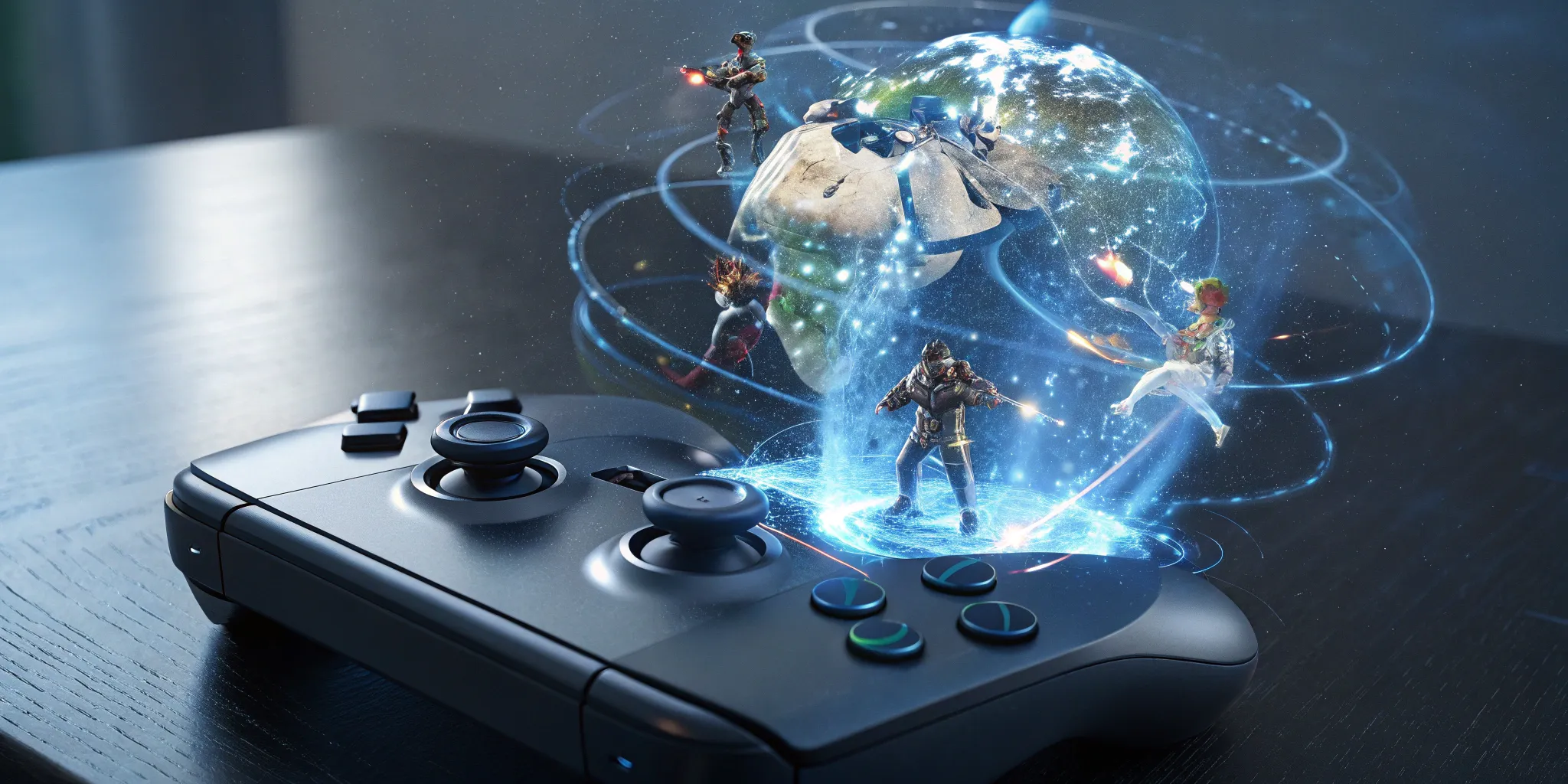 A game controller projects a holographic world, a strategy for game development and IP extension.