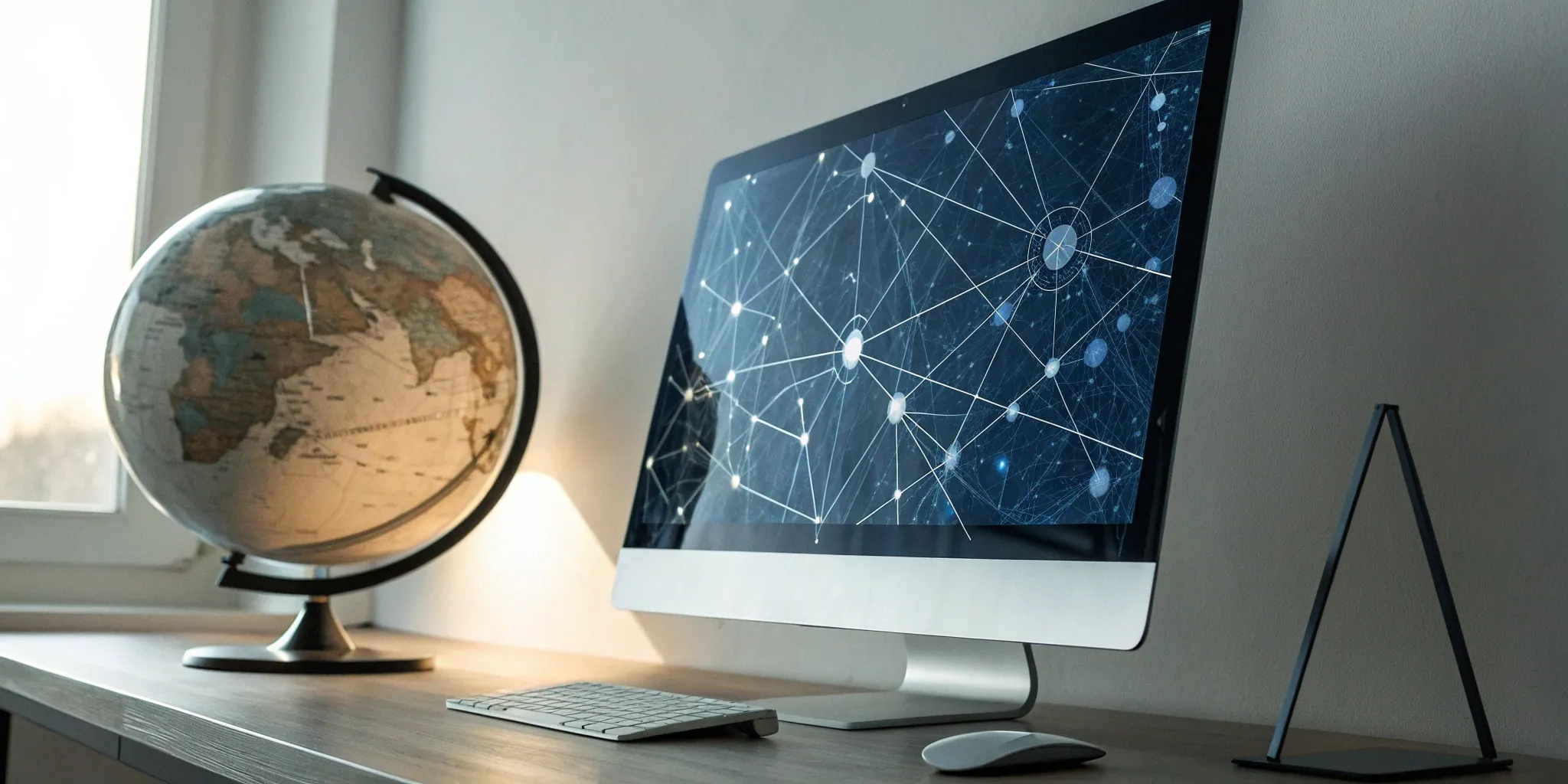 Desk with a globe and network connections to hire a cross-platform narrative strategist.