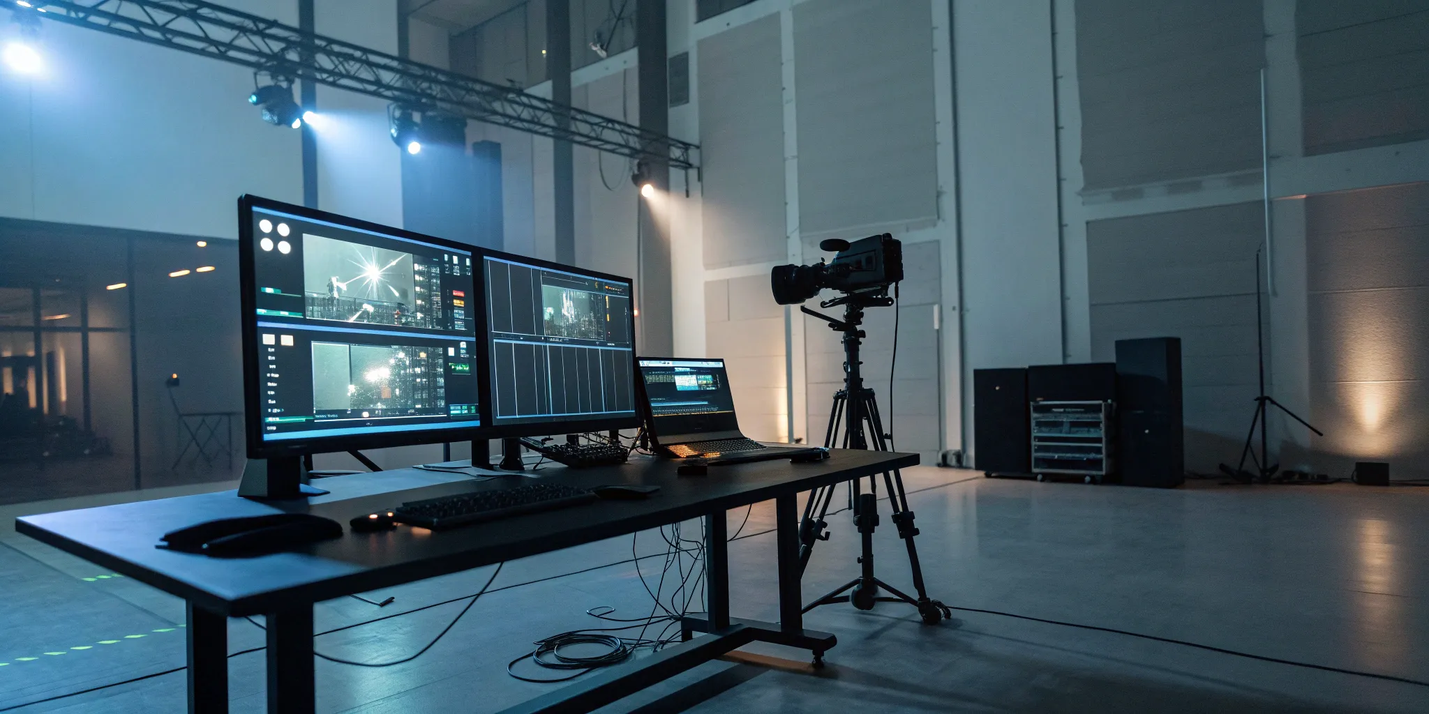 A virtual production workflow in action, with a camera filming in front of a large LED wall.