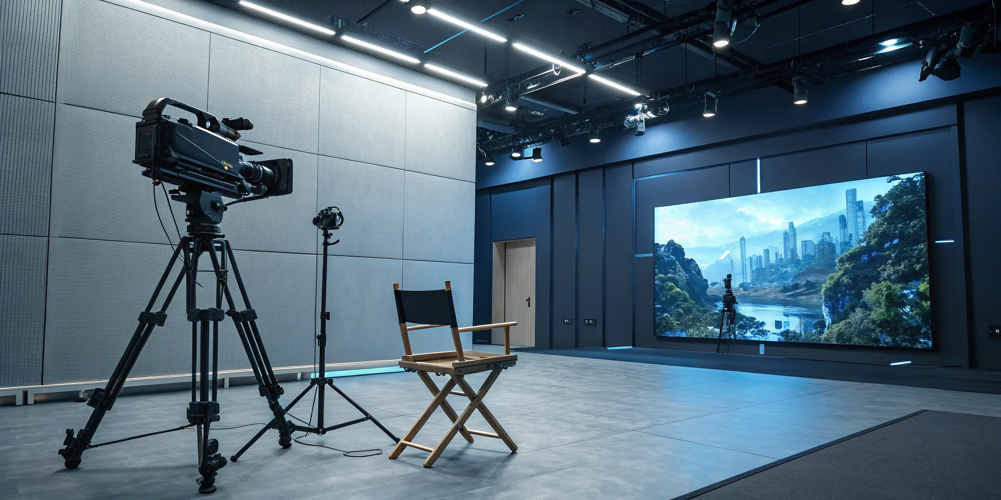 A virtual production company studio with a large LED screen and camera ready to hire.