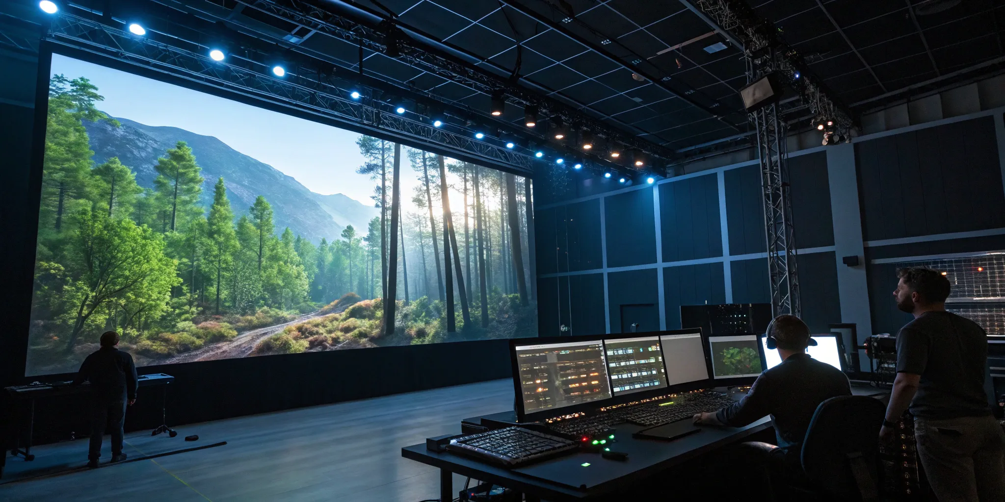 Virtual production environment design in Unreal Engine 4 with an LED wall for real-time rendering.