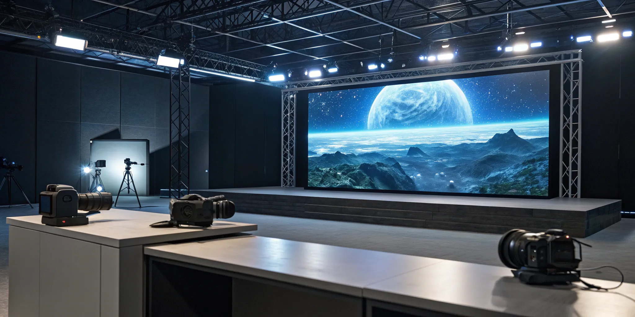 A virtual production set showing how an LED wall creates a sci-fi backdrop for filming.