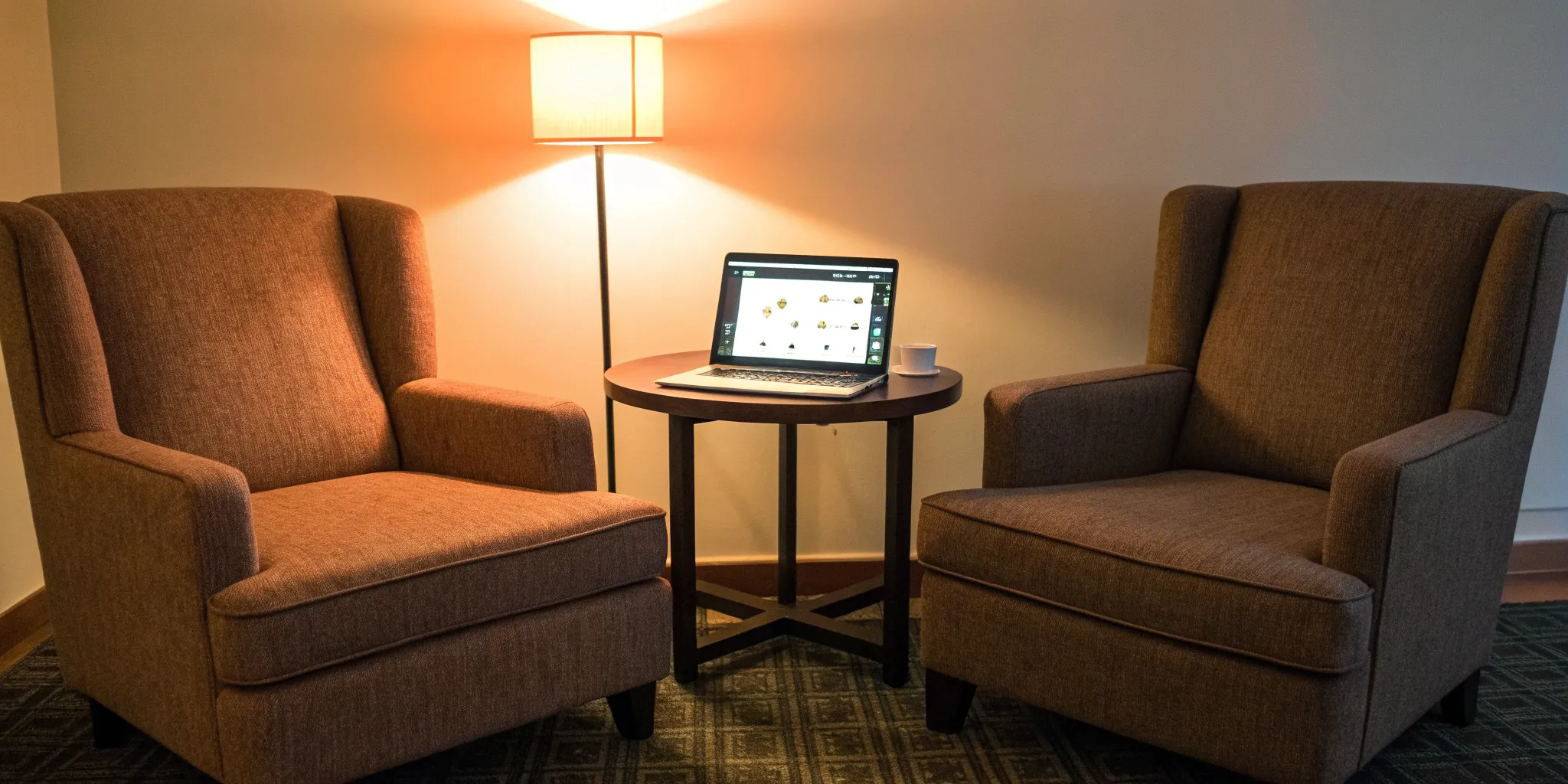 A meeting setup with a laptop to discuss how to find a game development partner.